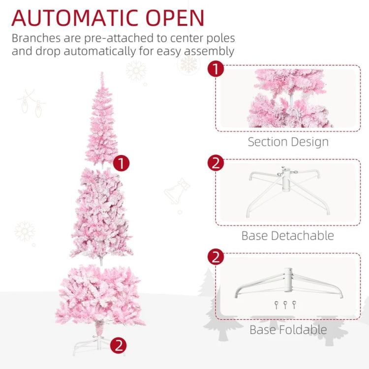 6ft and 7.5ft Pre-Lit Snow Flocked Pencil Christmas Tree, Warm White LED, Auto Open