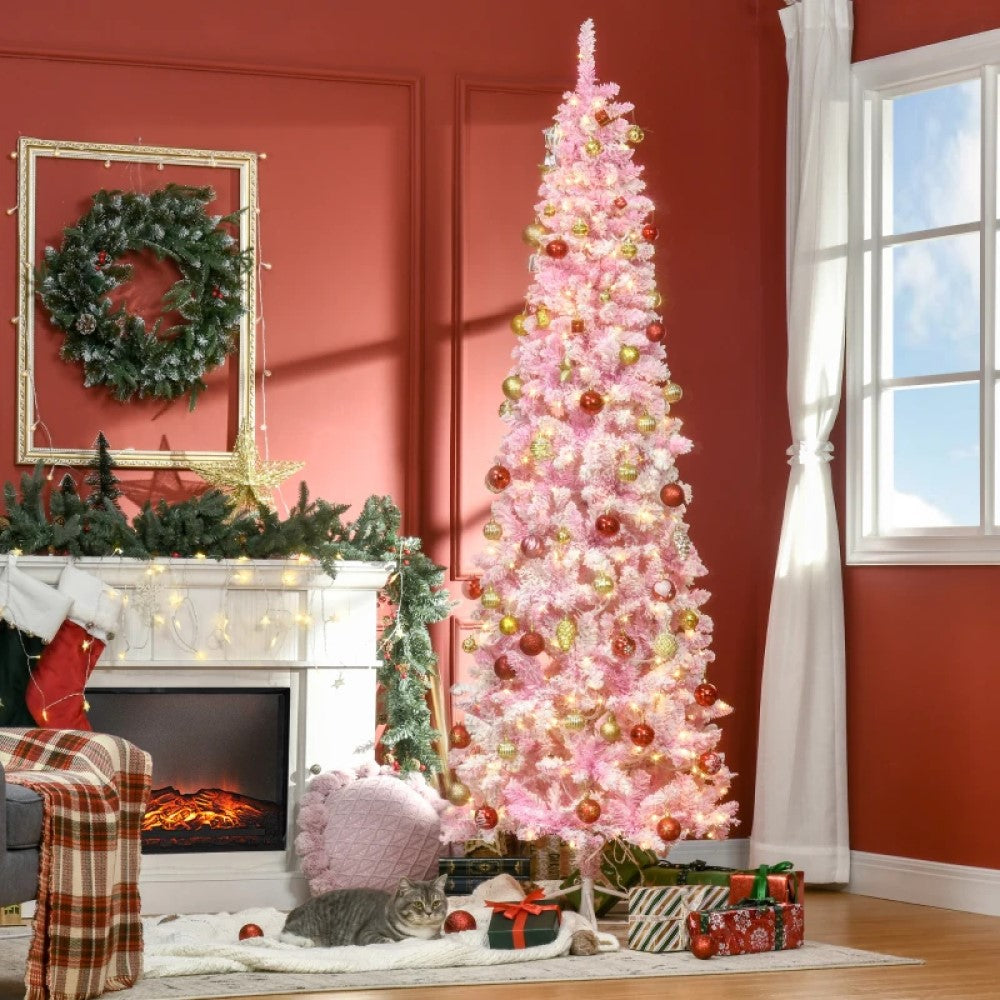 6ft and 7.5ft Pre-Lit Snow Flocked Pencil Christmas Tree, Warm White LED, Auto Open