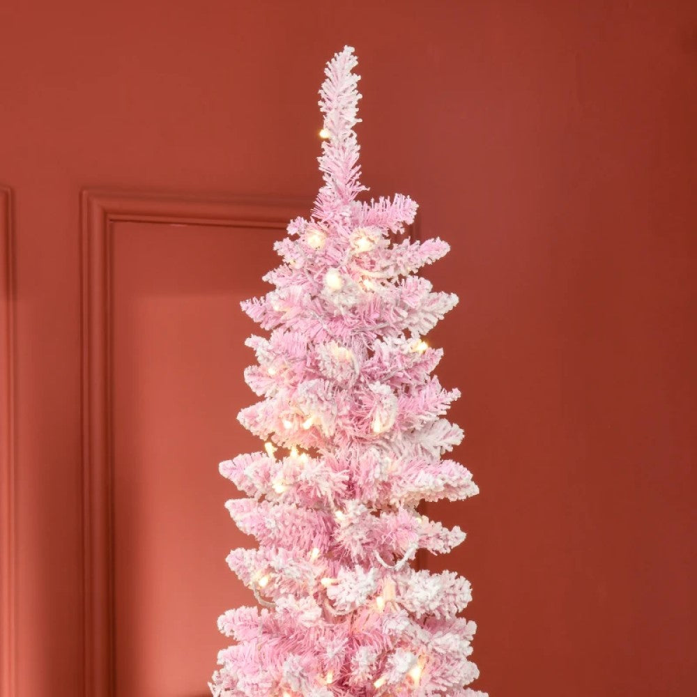 6ft and 7.5ft Pre-Lit Snow Flocked Pencil Christmas Tree, Warm White LED, Auto Open