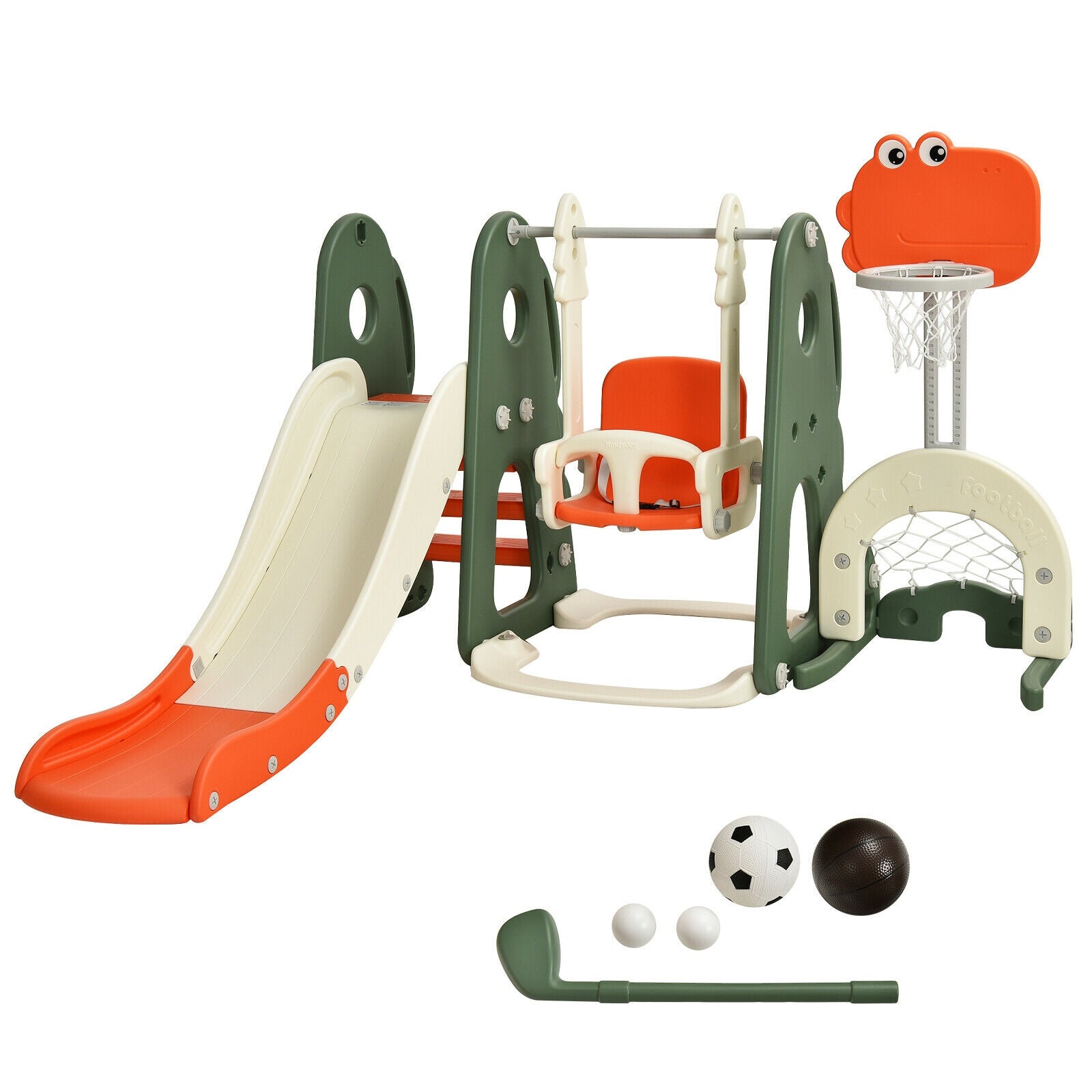 Children's playground set with slide, swing, and basketball hoop on a white background