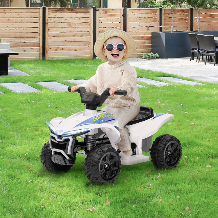 6V battery powered kids ATV in white with built-in music for fun riding experience