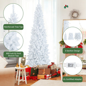 7-Foot Pre-Lit Pencil Christmas Tree - White with 300 LED Lights & 8 Flash Modes