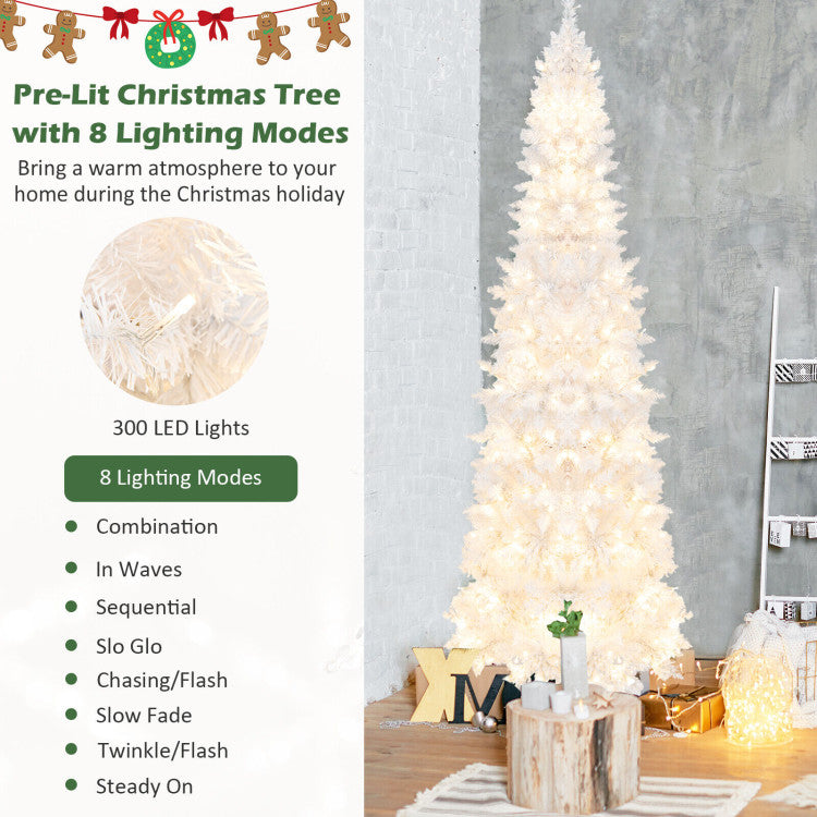 7-Foot Pre-Lit Pencil Christmas Tree - White with 300 LED Lights & 8 Flash Modes