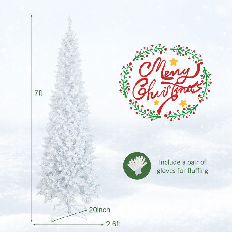 7-Foot Pre-Lit Pencil Christmas Tree - White with 300 LED Lights & 8 Flash Modes