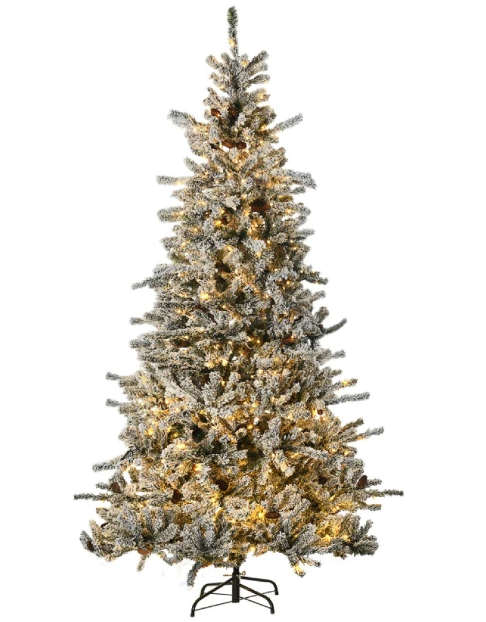 7.5' Pre-Lit Flocked Artificial Christmas Tree, Snow Branches, Warm White LED Lights, Pine Cones