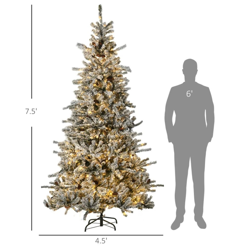 7.5' Pre-Lit Flocked Artificial Christmas Tree, Snow Branches, Warm White LED Lights, Pine Cones