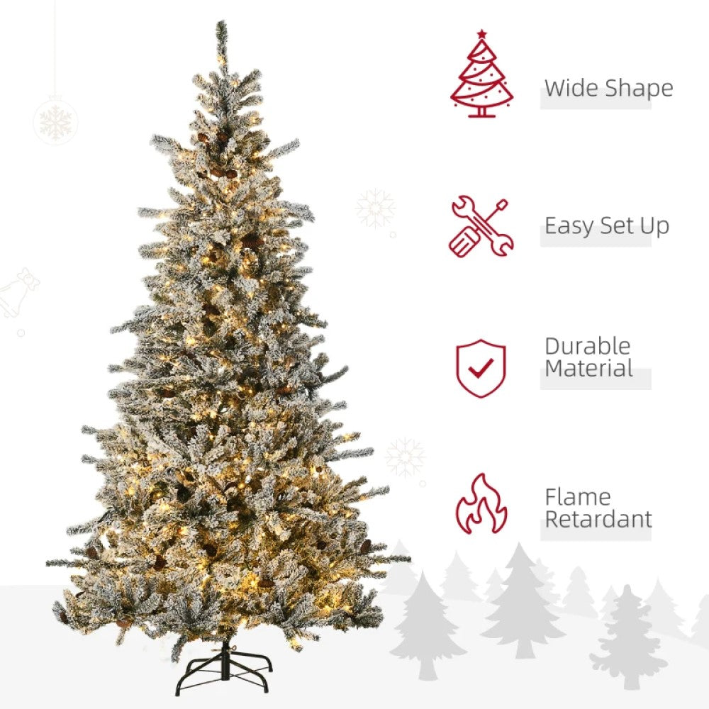 7.5' Pre-Lit Flocked Artificial Christmas Tree, Snow Branches, Warm White LED Lights, Pine Cones