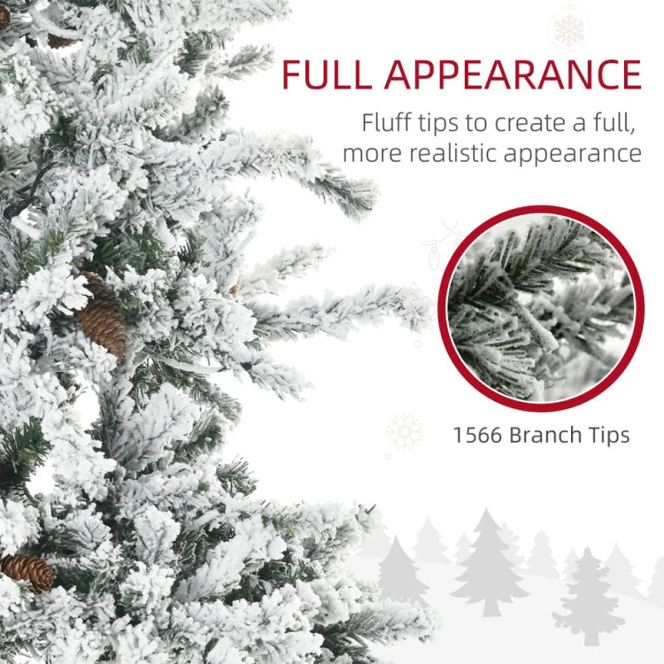 7.5' Pre-Lit Flocked Artificial Christmas Tree, Snow Branches, Warm White LED Lights, Pine Cones