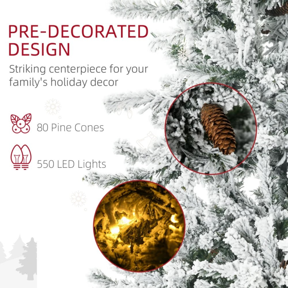 7.5' Pre-Lit Flocked Artificial Christmas Tree, Snow Branches, Warm White LED Lights, Pine Cones