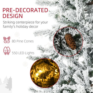 7.5' Pre-Lit Flocked Artificial Christmas Tree, Snow Branches, Warm White LED Lights, Pine Cones