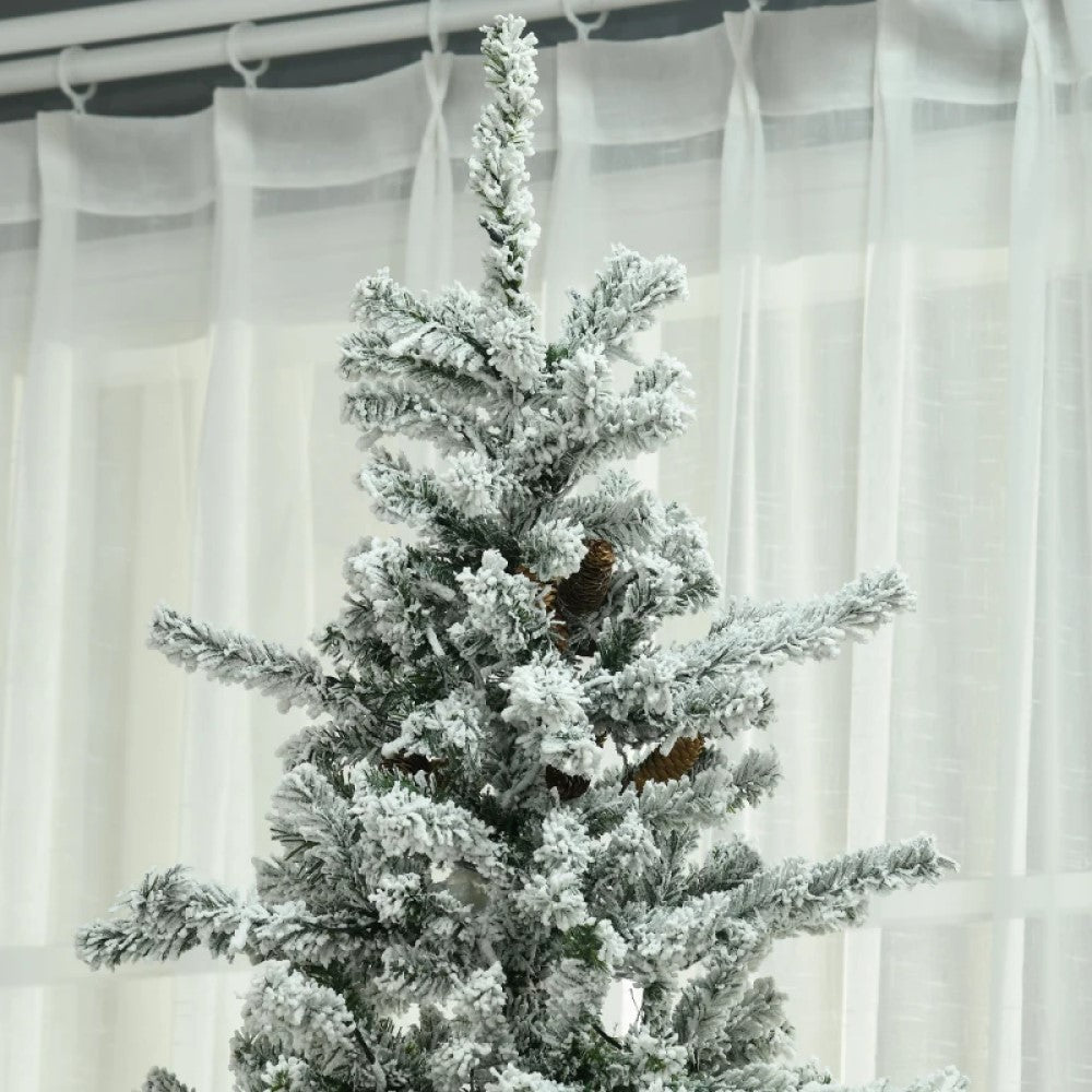 7.5' Pre-Lit Flocked Artificial Christmas Tree, Snow Branches, Warm White LED Lights, Pine Cones