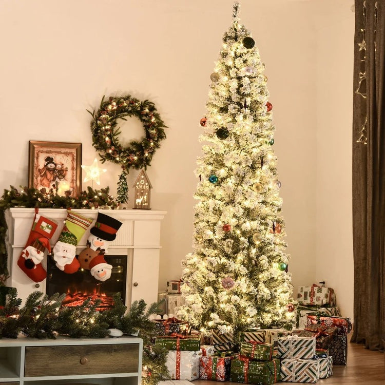 7.5' Snow Flocked Pencil Artificial Christmas Tree with 600 Branches, Pine Cones & Berries