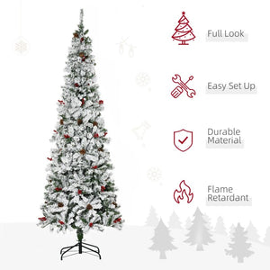 7.5' Snow Flocked Pencil Artificial Christmas Tree with 600 Branches, Pine Cones & Berries