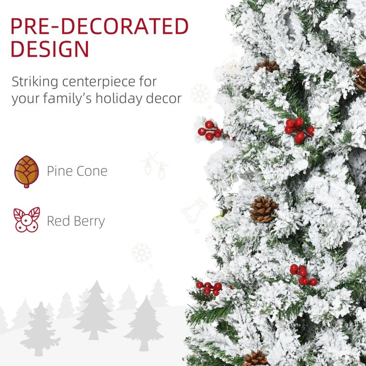 7.5' Snow Flocked Pencil Artificial Christmas Tree with 600 Branches, Pine Cones & Berries