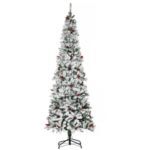 7.5' Snow Flocked Pencil Artificial Christmas Tree with 600 Branches, Pine Cones & Berries