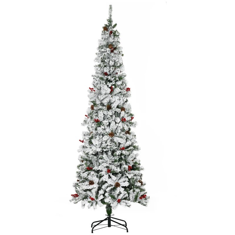 7.5' Snow Flocked Pencil Artificial Christmas Tree with 600 Branches, Pine Cones & Berries