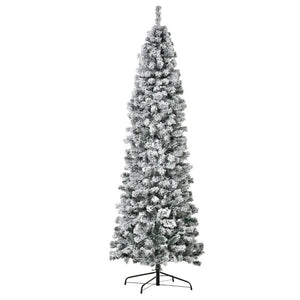 7.5' Snow Flocked Pencil Artificial Christmas Tree with 600 Branches, Pine Cones & Berries