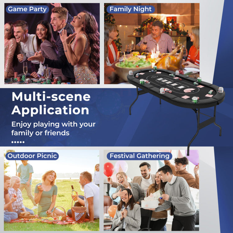 72-Inch Foldable Oval Poker Table for 8 Players - Portable Card Game Table