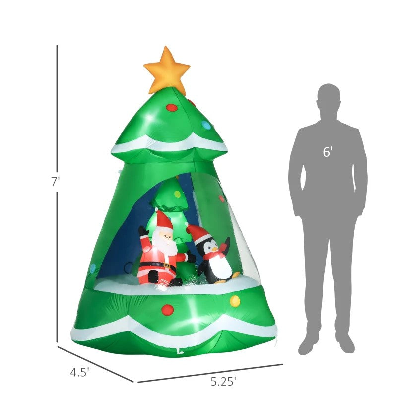 7FT Inflatable Christmas Tree with Santa & Penguin - LED Outdoor Blow-Up Decor