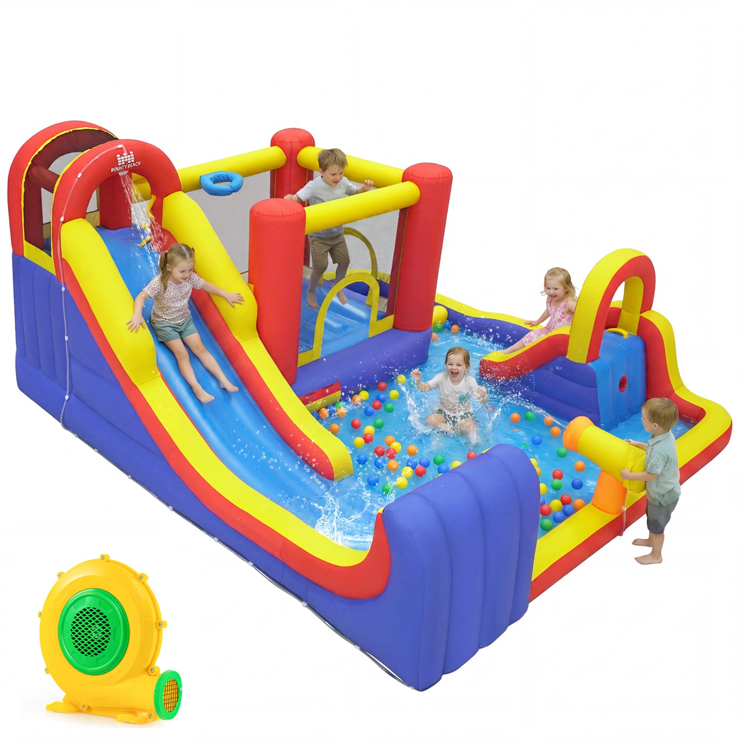 Children playing in a colorful inflatable playground with slides and ball pit on a white background