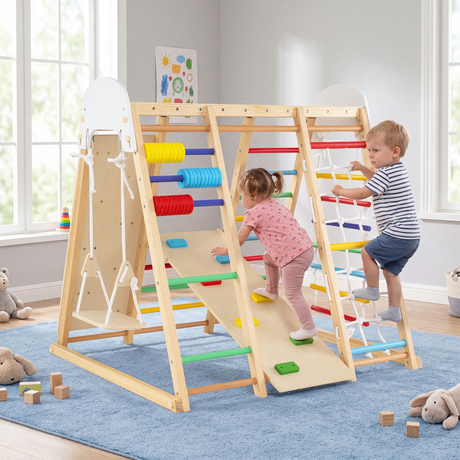 8-in-1 foldable indoor jungle gym with swing, monkey bars and climbing activities