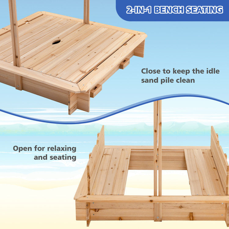 Kids Wooden Sandbox with Canopy and Bench Seats