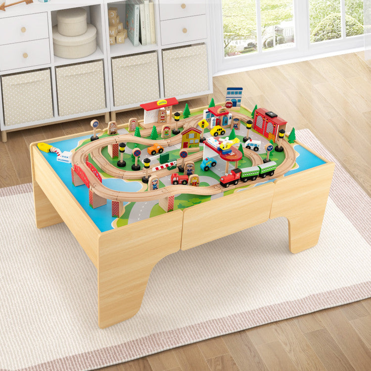 84-Piece Wooden Train Set with Reversible Tabletop and Detachable Track Accessories