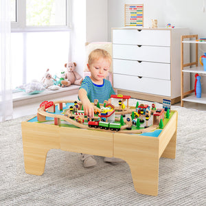 84-Piece Wooden Train Set with Reversible Tabletop and Detachable Track Accessories