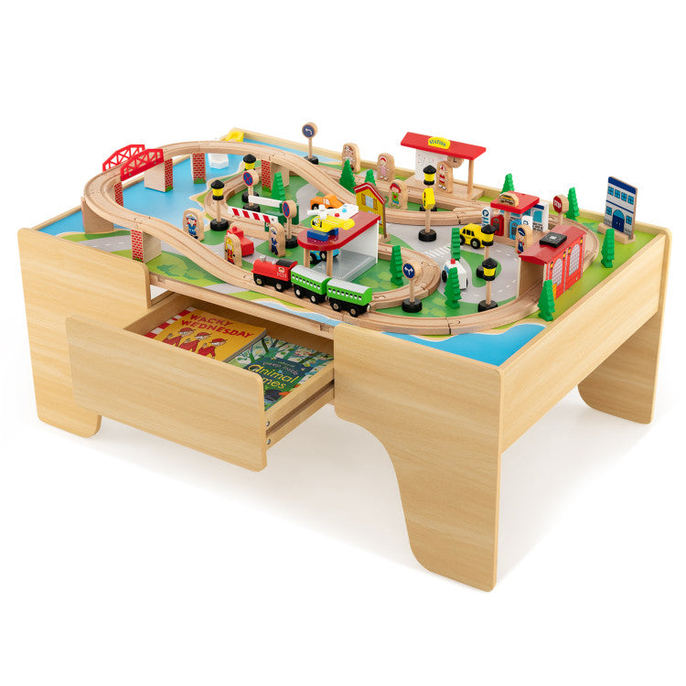 84-Piece Wooden Train Set with Reversible Tabletop and Detachable Track Accessories