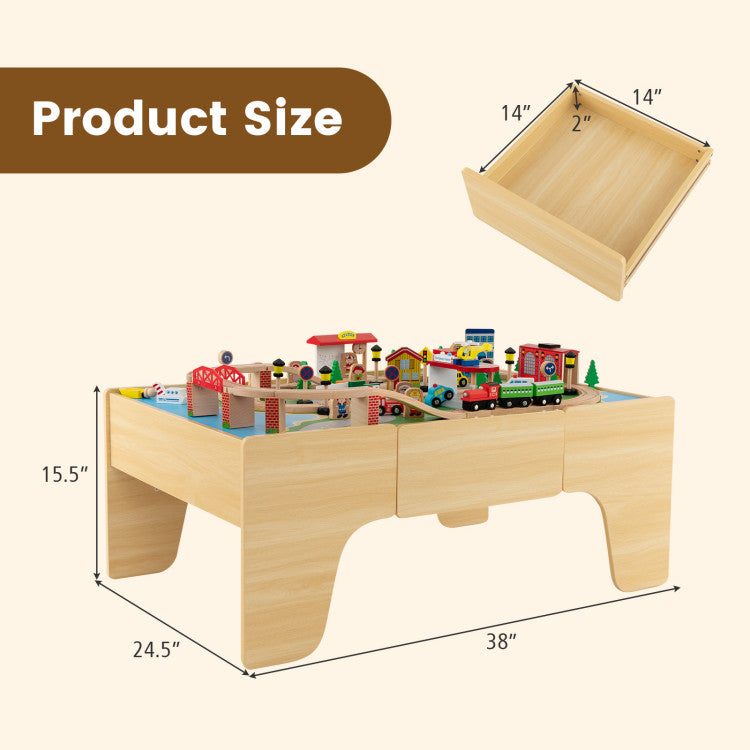 84-Piece Wooden Train Set with Reversible Tabletop and Detachable Track Accessories