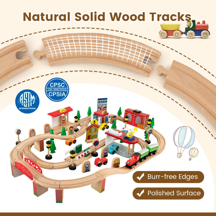 84-Piece Wooden Train Set with Reversible Tabletop and Detachable Track Accessories