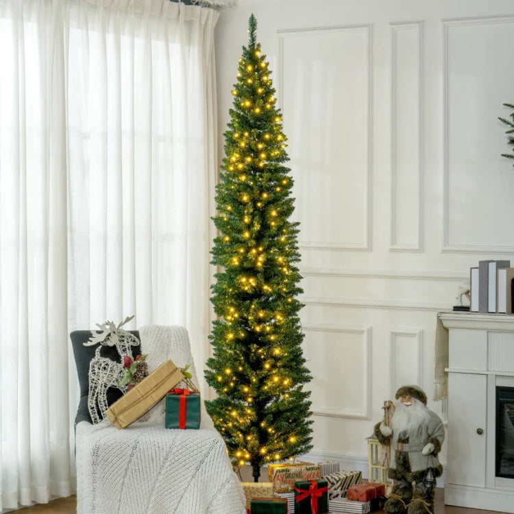 8ft Slim Pencil Artificial Christmas Tree with Realistic Branches & Warm White LED Lights