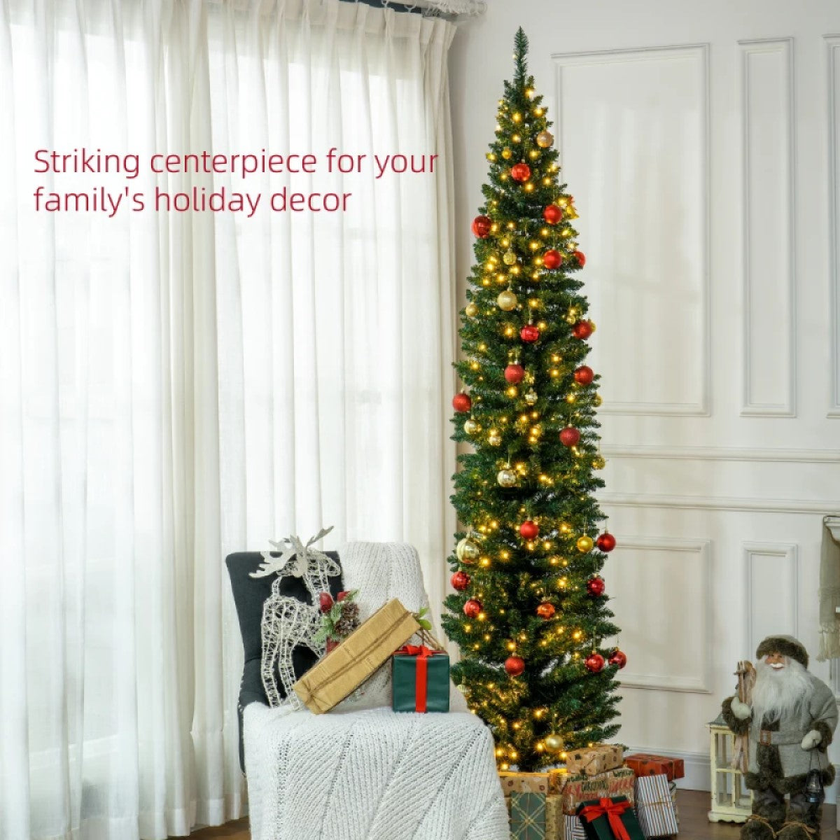 8ft Slim Pencil Artificial Christmas Tree with Realistic Branches & Warm White LED Lights