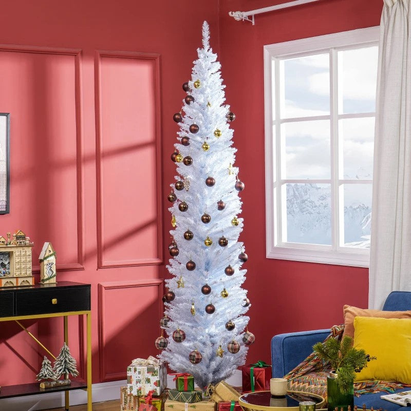 8ft Tall Skinny Unlit Pencil Christmas Tree, 618 Realistic Branches, Plastic Base