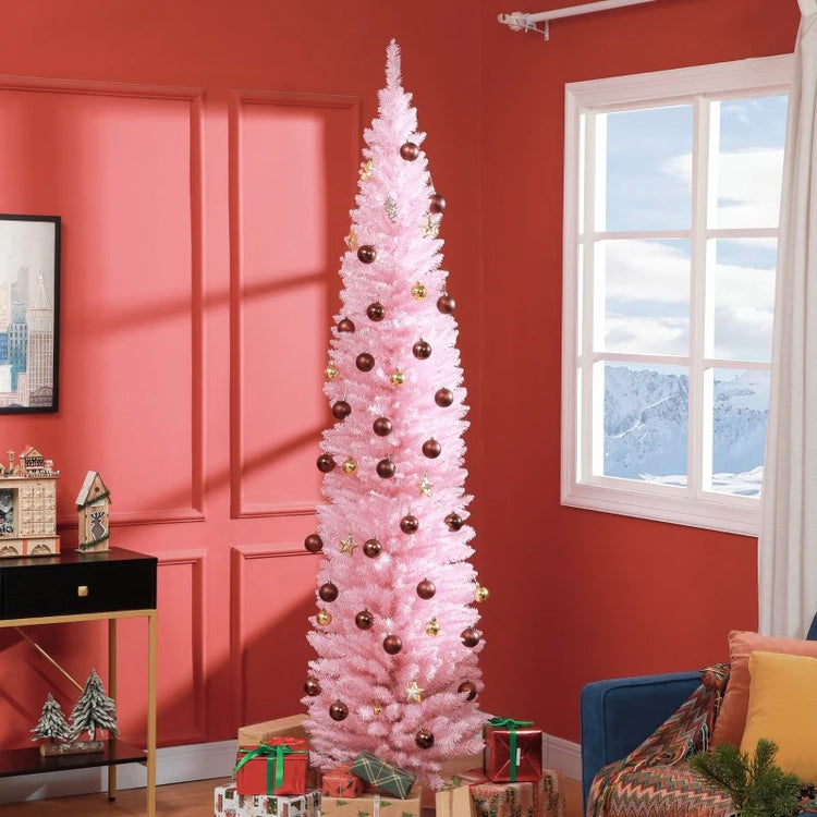 8ft Tall Skinny Unlit Pencil Christmas Tree, 618 Realistic Branches, Plastic Base