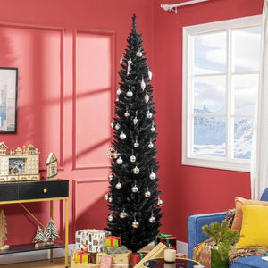 8ft Tall Skinny Unlit Pencil Christmas Tree, 618 Realistic Branches, Plastic Base