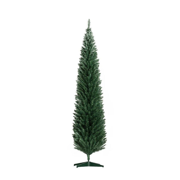 8ft Tall Skinny Unlit Pencil Christmas Tree, 618 Realistic Branches, Plastic Base