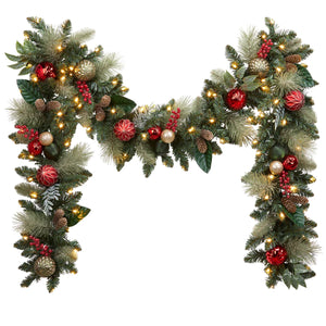 9' Pre-Lit LED Artificial Christmas Garland with Ornaments – Holiday Decoration Garland