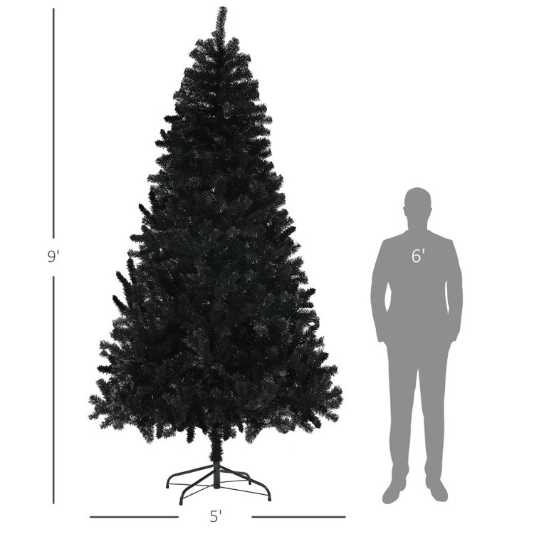 9ft Unlit Black Artificial Christmas Tree with 2132 Branch Tips & Steel Base, Holiday Decor