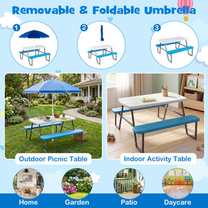 Removable and foldable umbrella picnic table with outdoor and indoor usage scenarios.