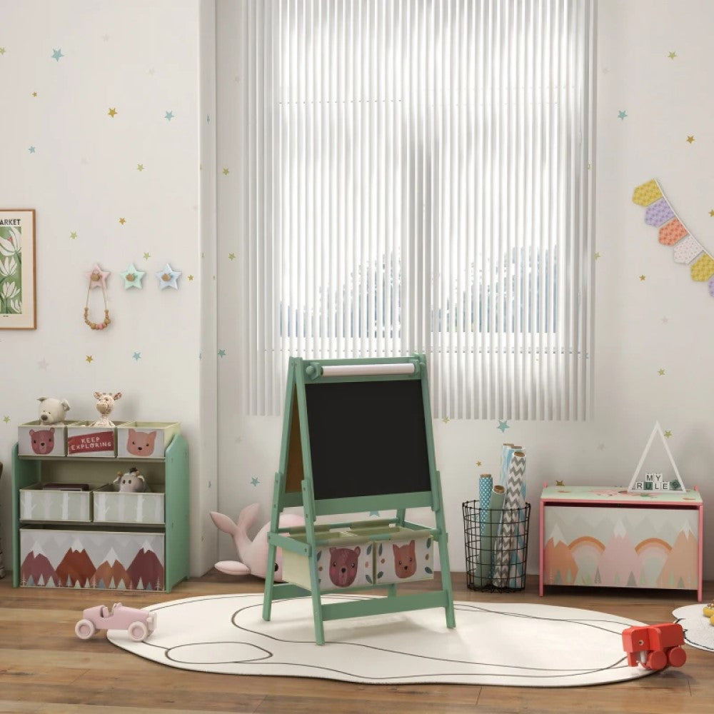 Adjustable Kids Art Easel with Paper Roll, Magnetic Whiteboard, Chalkboard and Storage