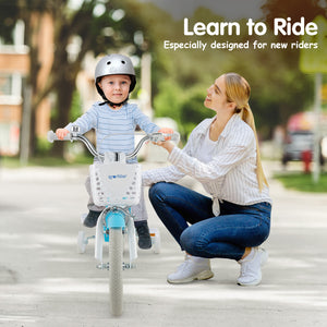 Woman teaching a child how to ride a bike with text 'Learn to Ride Especially designed for new riders'.