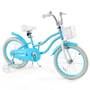 Blue children's bicycle with training wheels on a white background