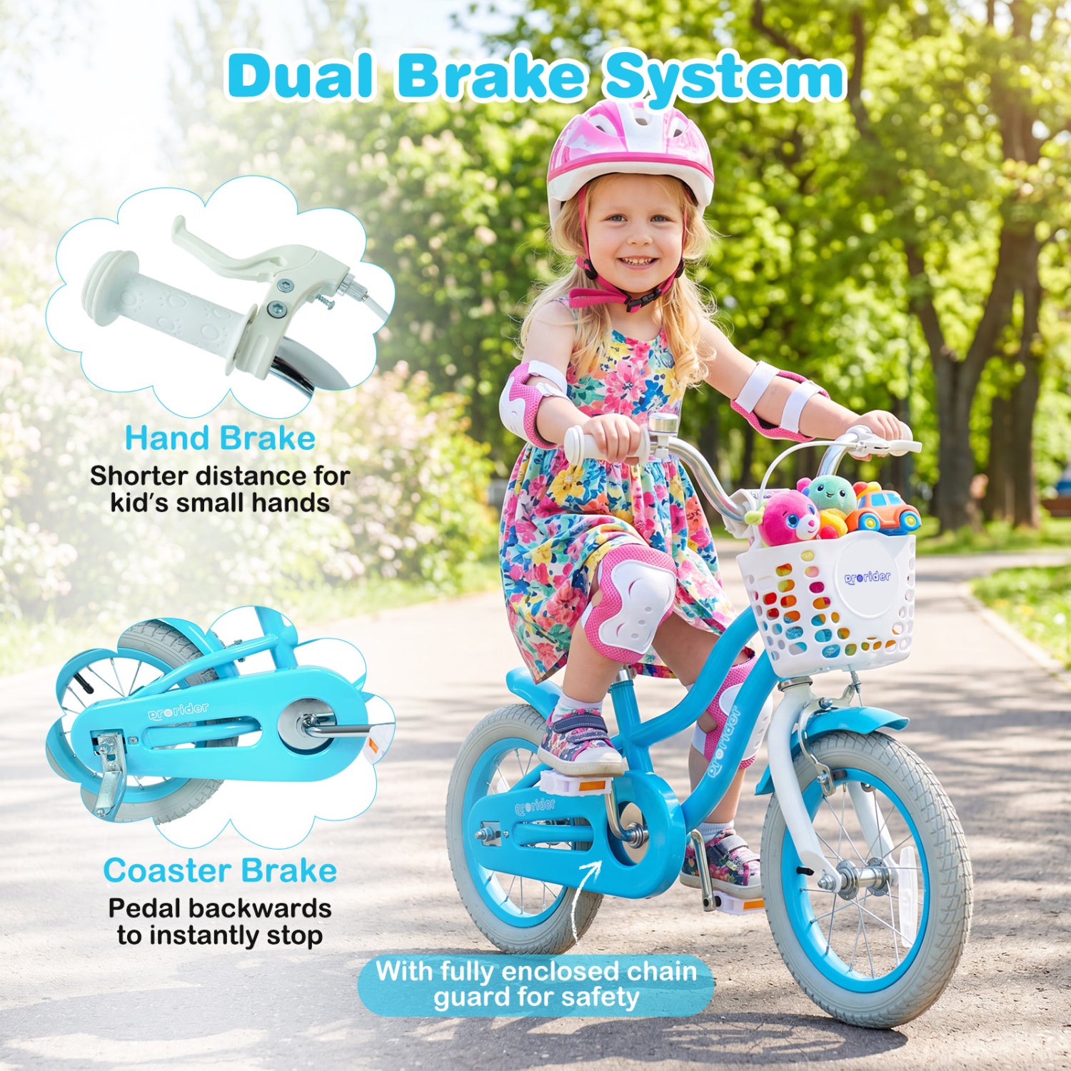Child riding a bicycle with dual brake system features highlighted