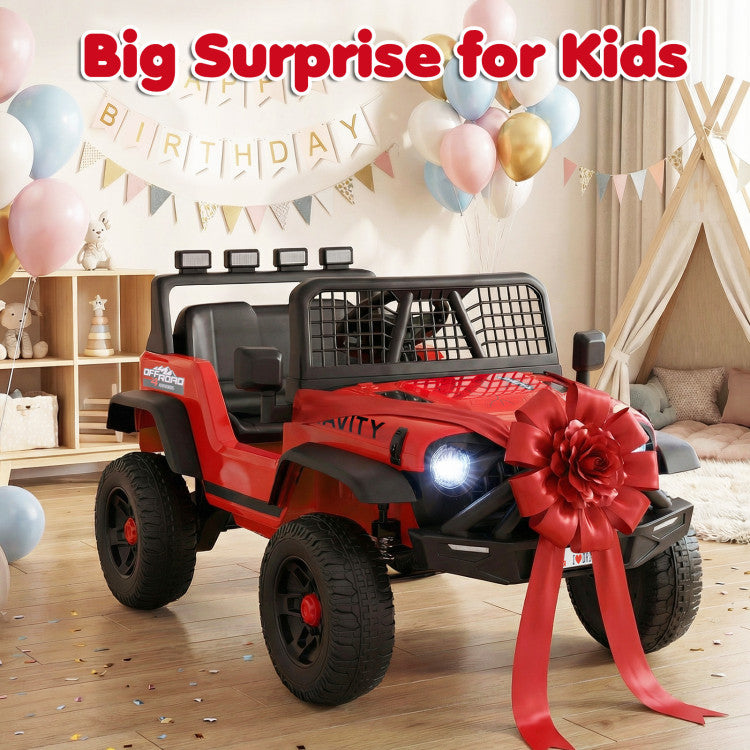 A red and black kids' ride-on toy jeep styled in a decorated birthday room with balloons, bunting, and a play tent. The toy has a large red ribbon and bow on the front bumper, and the words 'Big Surprise for Kids' are written in red text at the top.