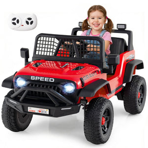 Pink toy off-road vehicle with a child inside on a white background
