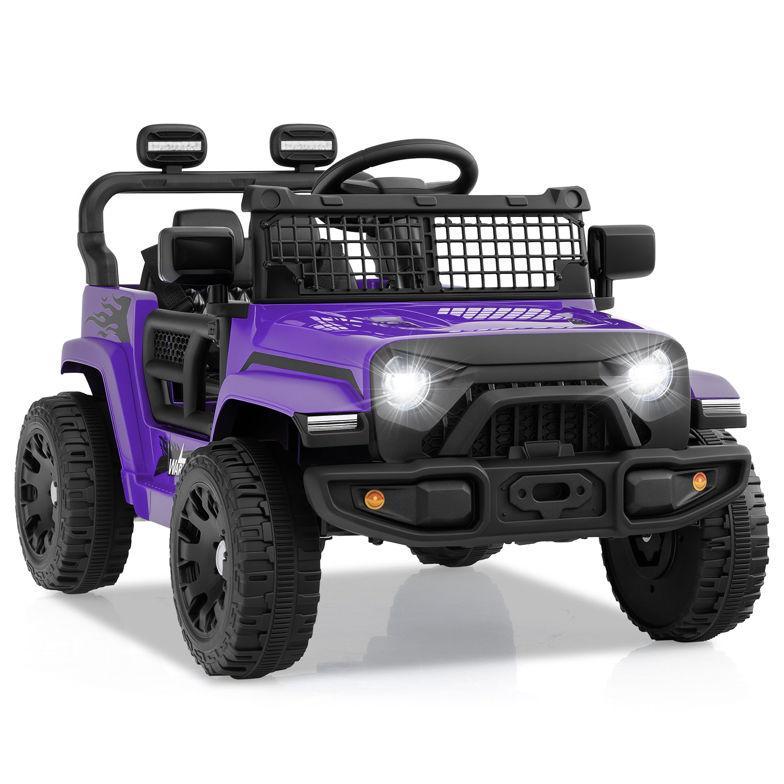 Purple toy truck with black accents on a white background