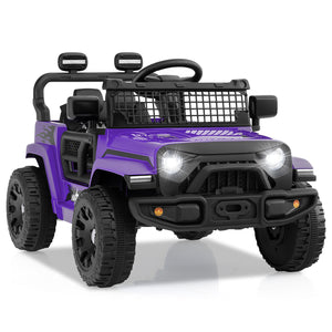 Purple toy truck with black accents on a white background
