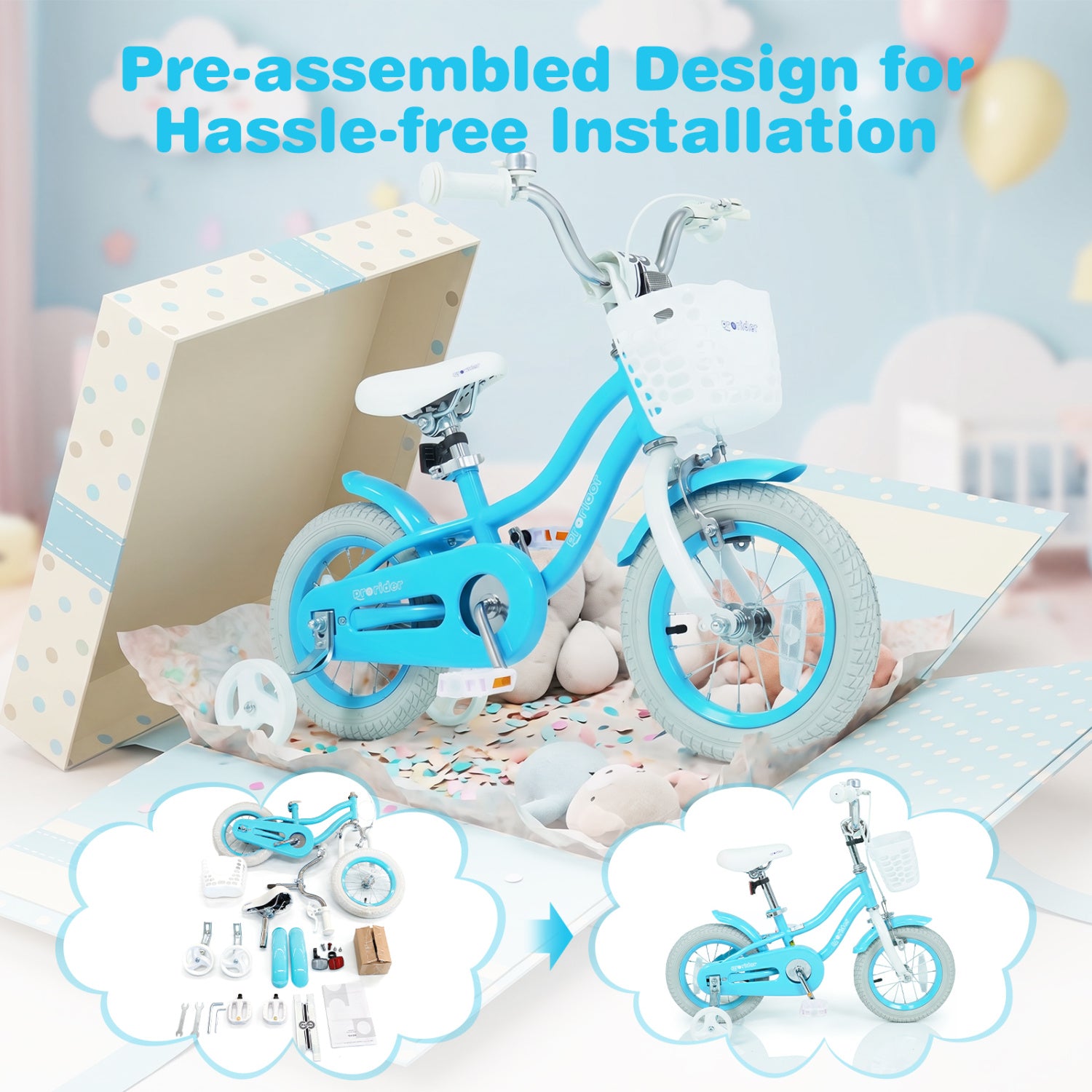 Blue children's bicycle with pre-assembled parts on a bed with balloons in the background.