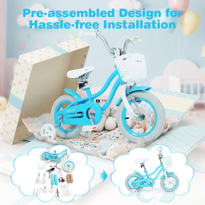 Blue children's bicycle with pre-assembled parts on a bed with balloons in the background.